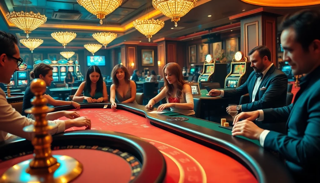 Players enjoying an exciting game at a casino table, celebrating their jogoluck as they place bets and test their luck.